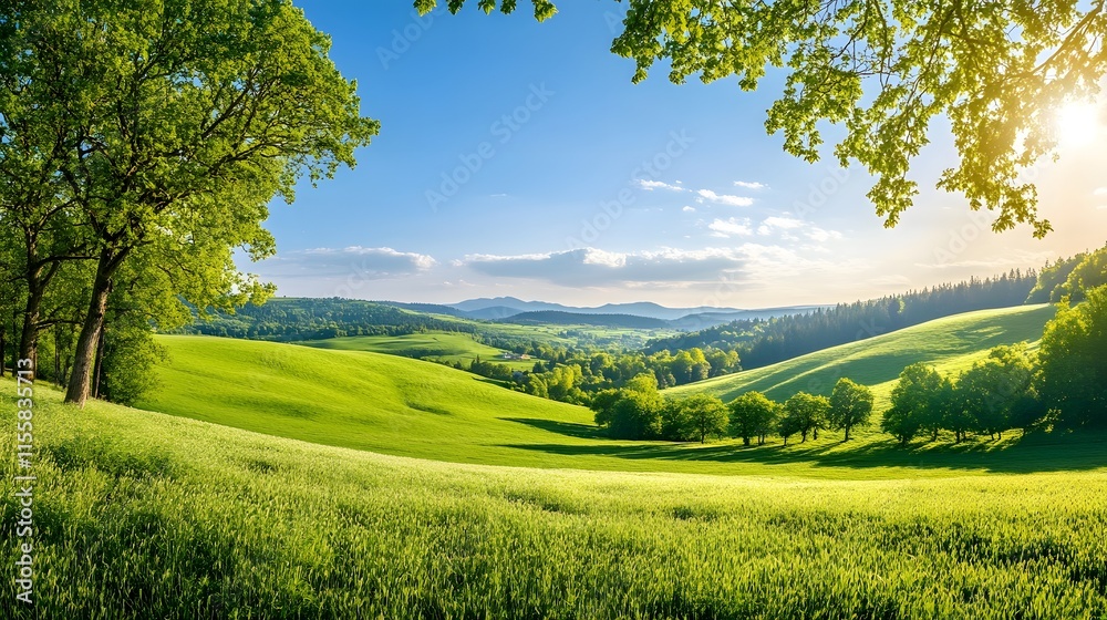 Poster serene landscape of rolling green hills under a bright blue sky with sunlight illuminating fields an