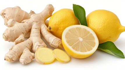 Lemon ginger tea with lemon slices and fresh ginger on a White background