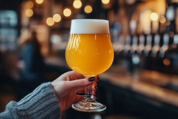 Craft beer tasting at a brewery with a focus on golden ale served in a textured glass