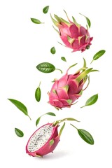 a plain white background featuring several fresh dragon fruits with white flesh appearing to float in mid-air