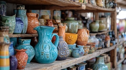 Whimsical Handmade Pottery on Rustic Wooden Shelves Showcasing Diverse Shapes Colors and Designs