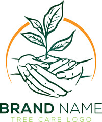 hand tree logo design, care plant green leaves symbol icon template