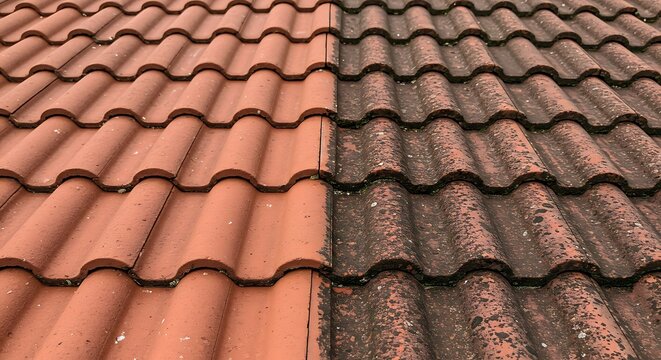 Roof tiles with a contrasting appearance: one side clean and the other side dirty, illustrating the impact of cleaning or weather exposure on roofing materials