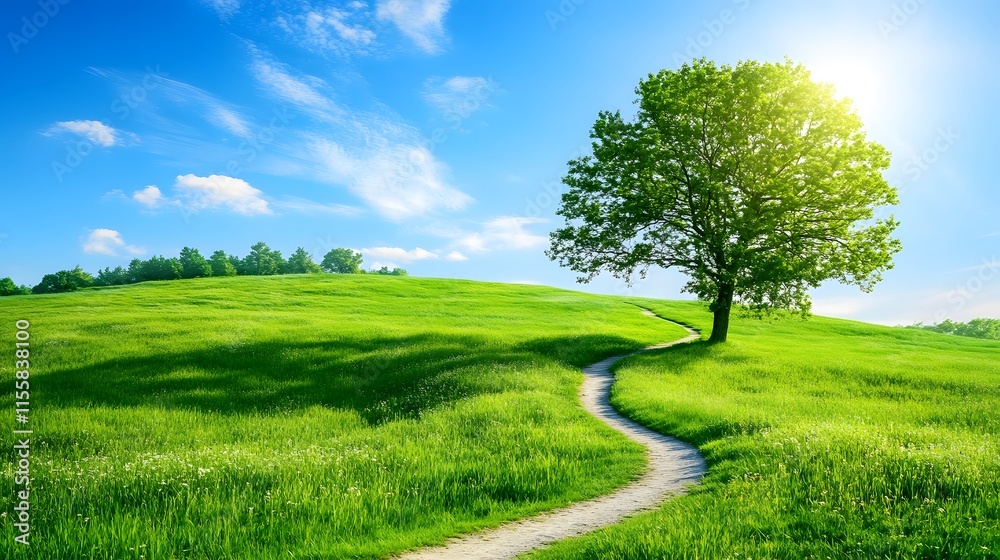 Poster serene landscape with a winding path surrounded by lush green fields and a majestic tree beneath a b
