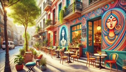 Fototapeta premium Vibrant Streetside Cafe: A sun-drenched street scene unfolds, showcasing a charming cafe with colorful murals depicting serene faces.