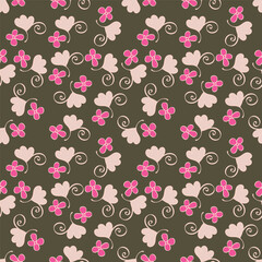 Hand drawing floral seamless pattern with cotton twigs and berries bouquets on a beige background. Winter Christmas themed background. Botanical illustration.