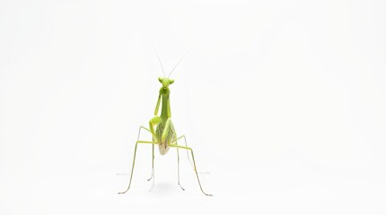 Distant Portrait of a Green Praying Mantis on White