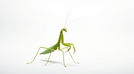 Distant Portrait of a Green Praying Mantis on White