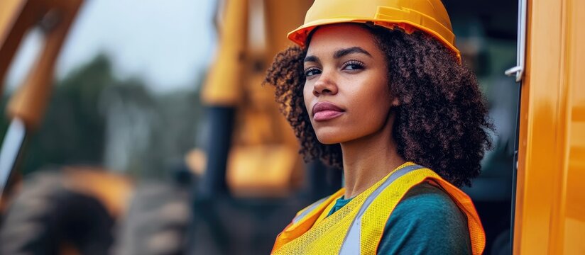 Black female construction worker in helmet and safety vest looking confidently beside construction truck with blank space for text