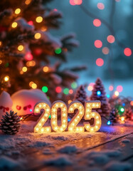 Christmas background with Christmas lights and the inscription of the 2025 