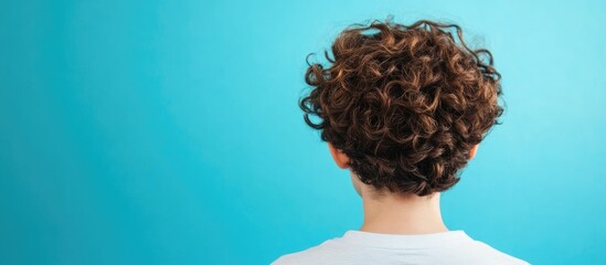 Boy with curly hair and glasses viewed from behind against a vibrant blue background ideal for adding text or messages