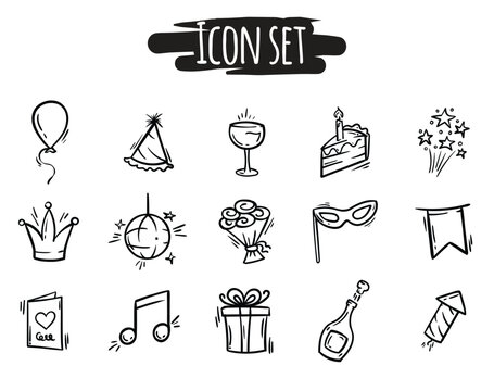 Black and white vector icon set for holiday, birthday, congratulations, party. Editable hand drawn signs and symbols for decoration, design, app, banner, website