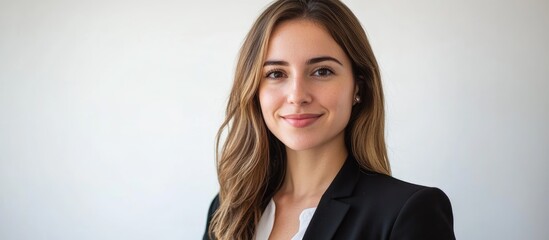 Professional Businesswoman Smiling in Office Setting with Digital Tablet and Blank Space for Text or Promotions