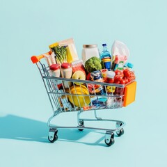 Miniature shopping cart overflowing with various groceries against a light blue background.