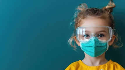 Child in Protective Goggles and Mask Standing Against Solid Color Background with Space for Text or Promotional Content