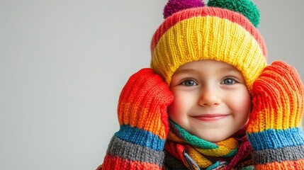 Child smiling with colorful winter gloves on head showcasing joy in vibrant attire with clear space for text or branding elements