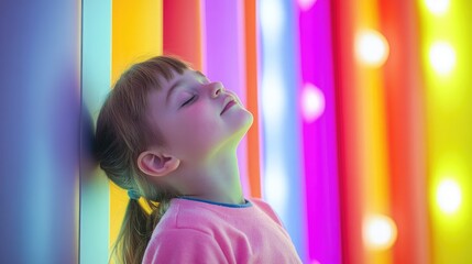 Child relaxing with eyes closed in colorful sensory room with vibrant lights and blank space for creativity or text placement