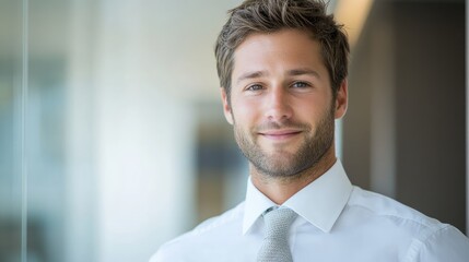 Business Professional in White Shirt and Necktie Smiling in Modern Office Setting with Copy Space for Text and Promotional Materials