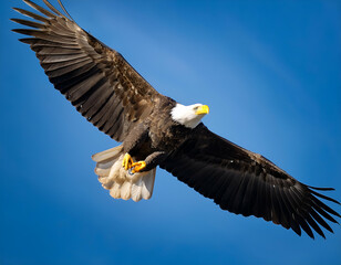 Obraz premium A majestic bald eagle in mid-flight with its wings fully spread, showcasing sharp feathers and piercing yellow eyes, isolated against a clear blue sky