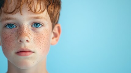 Close up portrait of a freckled boy against a blue background showcasing clear skin and expressive eyes with ample blank space for text