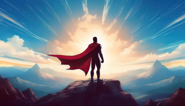 Superhero in red costume with flowing red cape stands on the mountain peak looking over horizon. Surreal comics scene, powerful and heroic concept