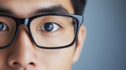 Fototapeta premium Close up portrait of a young man in glasses with formal attire showcasing expressive eyes against a neutral background for text space
