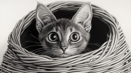 Adorable wide-eyed cat peeking from inside cozy wicker basket hideaway