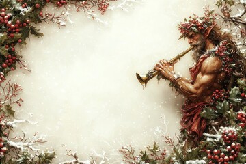 Enchanting Satyr Playing a Flute Amidst a Winter Wonderland with Festive Decorations and a Snowy Border Perfect for Holiday Themes