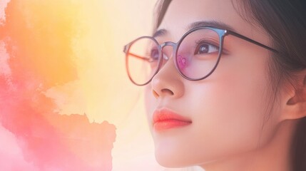Fototapeta premium Close up portrait of an Asian female in glasses with watercolor splash effect and studio lighting perfect for professional use and copy space