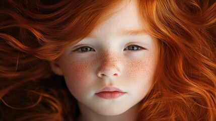 Naklejka premium Close up portrait of a young child with striking red hair and freckles against a soft blurred background ideal for text overlay or design use