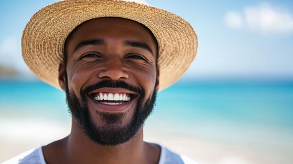 Smiling African American man in straw hat at the beach enjoying summer with clear blue water and empty space for text or branding