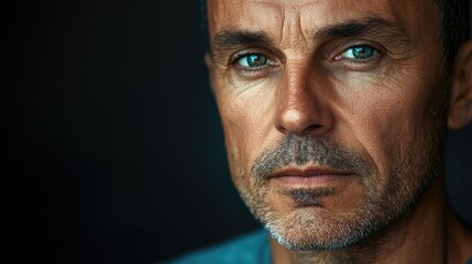 Fototapeta premium Close up portrait of mature man showcasing emotional expression with dramatic lighting and ample space for text or advertising purposes