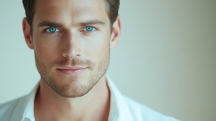 Fototapeta premium Attractive man with blue eyes in white shirt against light backdrop with space for text showcasing confidence and charm in portrait photography