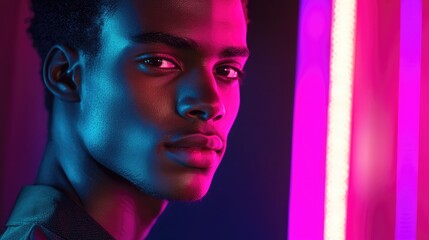 Portrait of stylish man illuminated by vibrant neon lights with creative empty space for advertising or text in modern nightlife setting