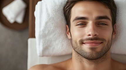 Young man enjoying a spa treatment with a serene expression and clear skin showcasing relaxation and tranquility in wellness environment