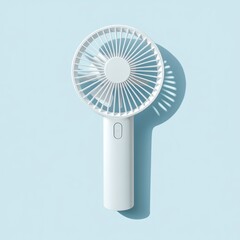 White handheld mini fan on blue background.