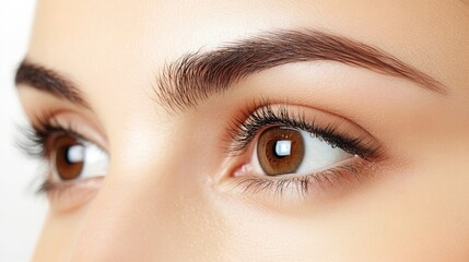 Obraz premium Close up of expressive brown eyes showcasing natural beauty with ample blank space for text or marketing purposes
