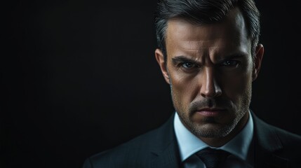 Obraz premium Serious businessman in formal attire close up portrait with dark background and empty space for copy providing focus on emotion and professionalism