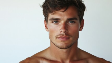 Fototapeta premium Confident shirtless man portrait with healthy skin ideal for male advertising and promotional content with space for text and banners