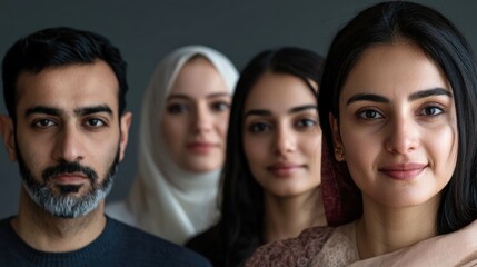 Obraz premium Close up portrait showcasing multiculturalism with diverse individuals highlighting unity and inclusivity on a neutral gray background.