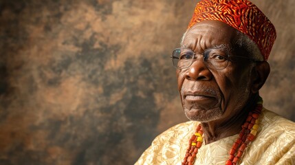 Obraz premium Elderly Black gentleman in traditional Yoruba attire with textured background and space for text in portrait composition