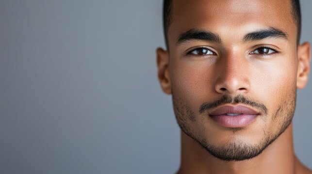 Close up portrait of confident mixed race man with smooth skin and focused gaze on neutral backdrop for text placement and marketing use