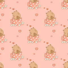 Obraz premium Seamless romantic pattern. Cute enamored capybara in polka dot cup with marshmallows on pink background with hearts. Vector illustration. Ornament template valentine with animal character