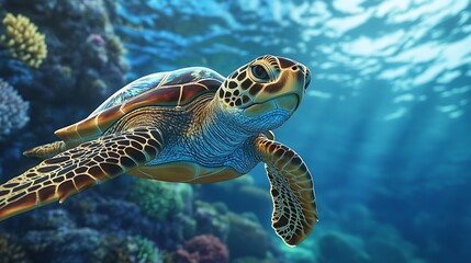 Design a close-up image of a green turtle swimming directly towards us, viewed from eye level
