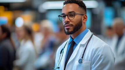 Doctor presenting research findings at a medical conference in a modern auditorium setting