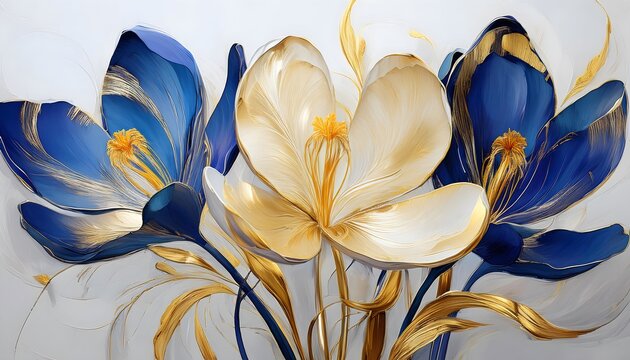 abstract floral oil painting gold and blue crocus flower on white background