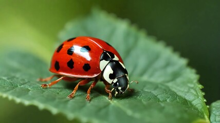  A ladybug crawls along the edge of a leaf, its tiny red body a contrast against the green