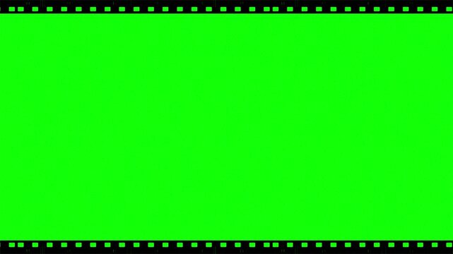 2d animated green screen small film strips with black frame background, old tv noise slow motion effect filter chroma key texture, motion graphics design animation overlay alpha layer