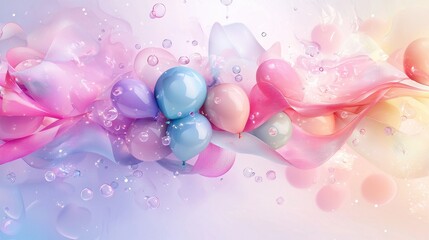Colorful Dynamic Composition with Floating Balloons and Ethereal Motion Elements in Soft Pastel Hues