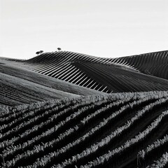Serene blackandwhite landscape rolling hills neatly arranged vineyards emphasizing textures patterns timeless tranquil scene